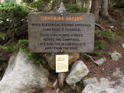 Lightning warning sign on Longs Peak Trail, Rocky Mountain National Park, Colorado