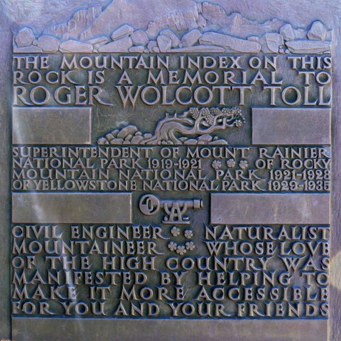 Dedication plaque for mountain index at Rock Cut, Rocky Mountain National Park, Colorado